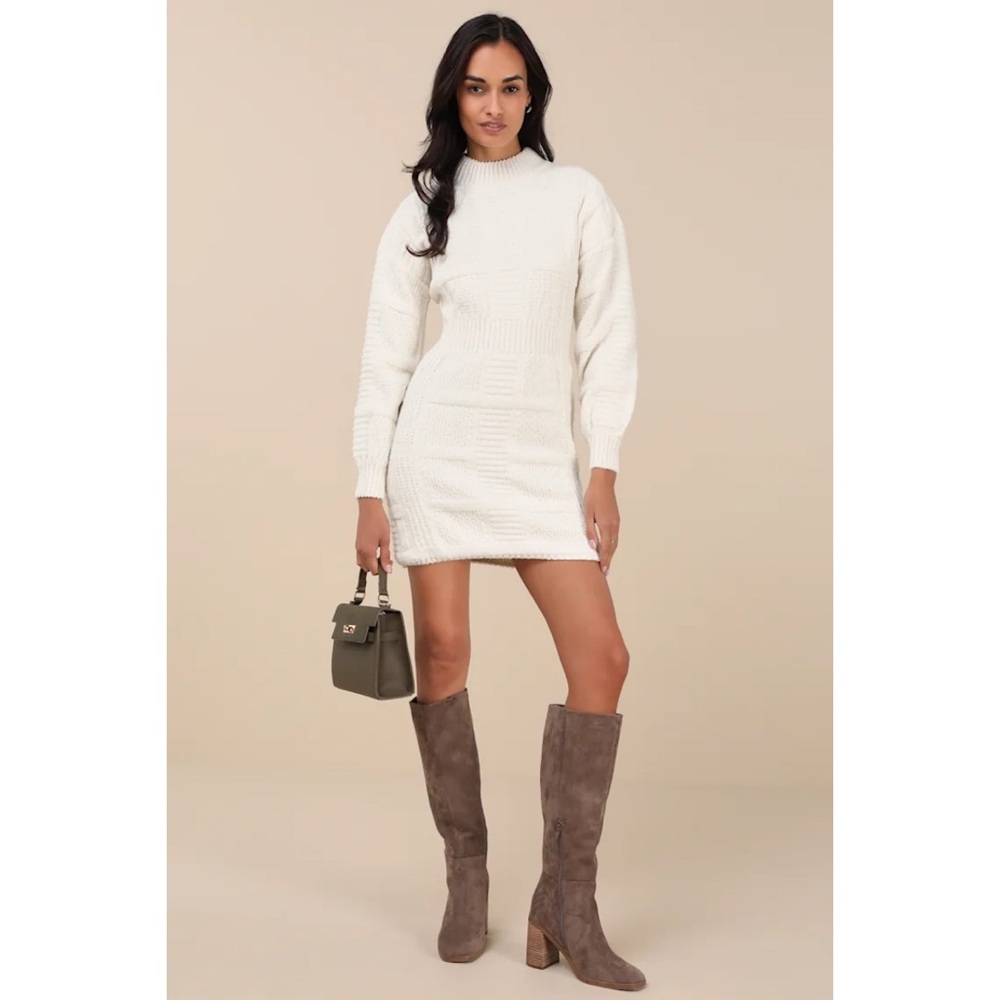 Lulus Cream Knit Open Back Chunky Sweater Dress